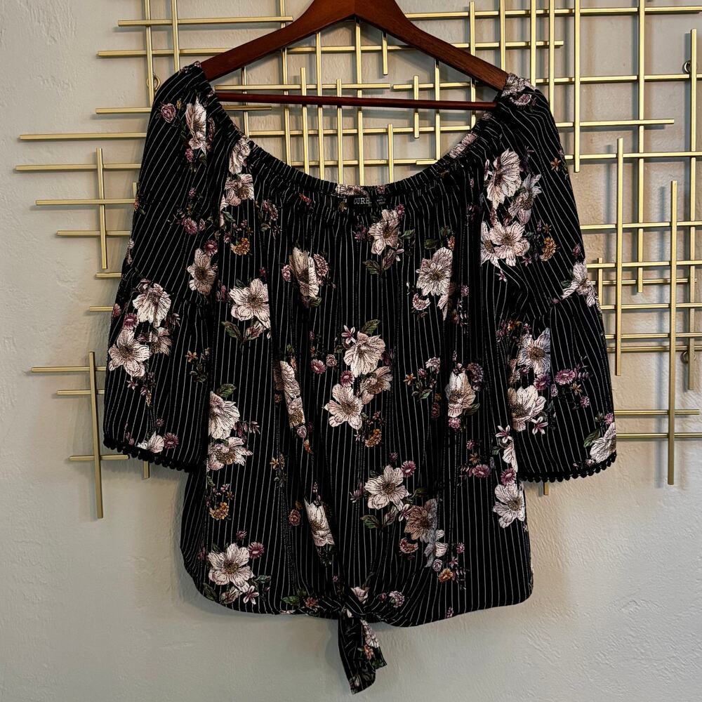 CURE Floral Pinstripe Bell Sleeve Boho Blouse 1XL